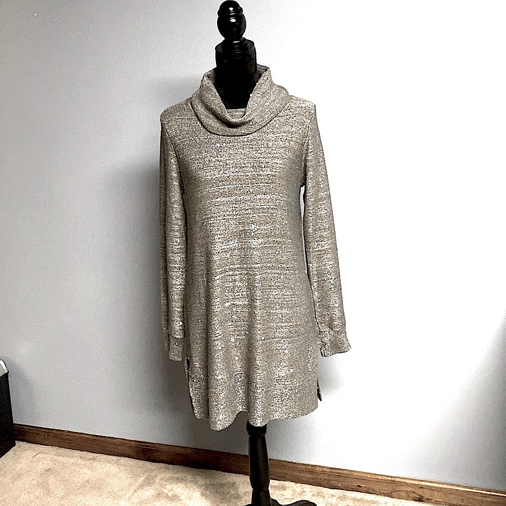 Sweater/dress with cowl neckline medium gray color with sequins